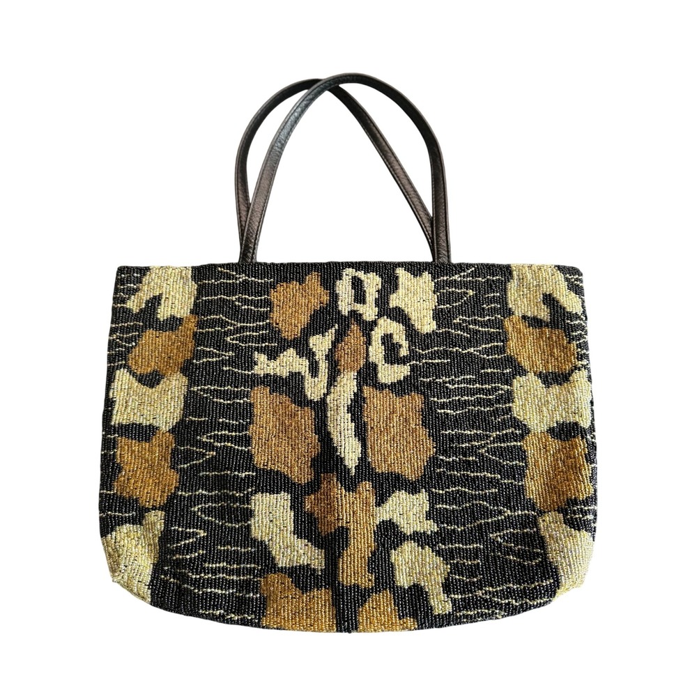 Christiana Vintage Beaded Animal Print Purse Leather Straps Satin Black Gold y2k